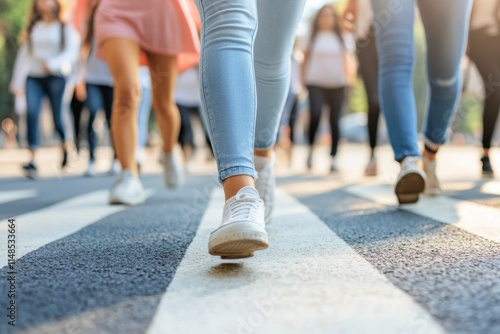 Feet of people wearing sneakers and jeans crossing the street at a pedestrian crossing	