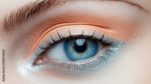 Closeup Of A Blue Eye With Peach And Silver Makeup