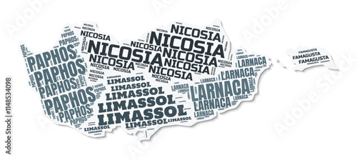 Cyprus shape text cloud. Country border with shadow on white background. Cyprus with regions division in vintage gazette style. Elegant vector illustration.