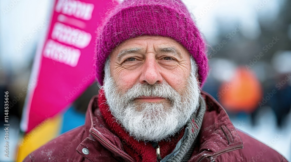 Close-up portrait of a senior man with a beard wearing a purple beanie and maroon jacket in winter. Close-up portrait of a senior man with a beard wearing a purple beanie and maroon jacket in winter.