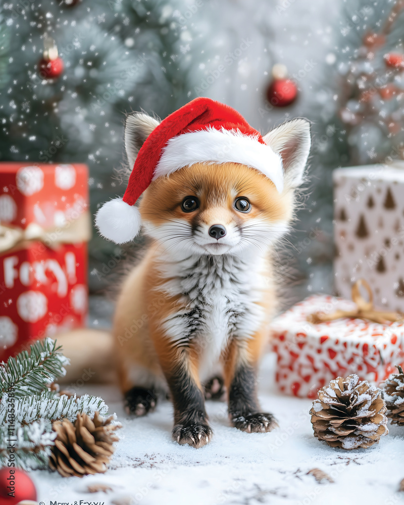 Cute baby fox with a Santa hat surrounded with presents Cute baby fox with a Santa hat surrounded with presents
