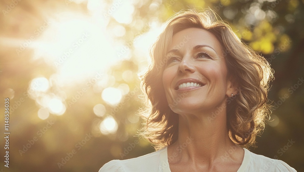 A middle-aged woman with shoulder-length brown hair smiles joyfully outdoors, bathed in the warm golden light of the setting sun. A middle-aged woman with shoulder-length brown hair smiles joyfully outdoors, bathed in the warm golden light of the setting sun.
