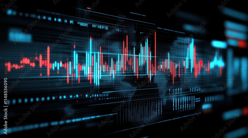Dynamic data visualization, red and blue lines fluctuate on computer screen, displaying market trends analysis Dynamic data visualization, red and blue lines fluctuate on computer screen, displaying market trends analysis