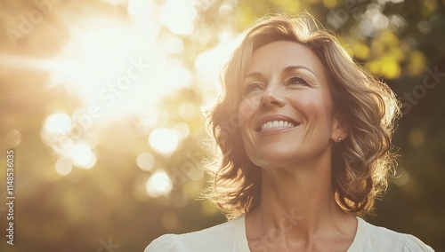 A middle-aged woman with shoulder-length brown hair smiles joyfully outdoors, bathed in the warm golden light of the setting sun.