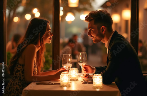 a couple in love, a guy and a girl are sitting at a table in a cafe and talking