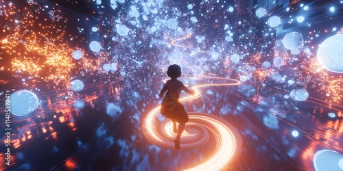 Surreal Journey: A young girl's silhouette dances along a luminous spiral path amidst a cosmic dreamscape of swirling nebulae and ethereal orbs.  A captivating blend of fantasy and digital art.