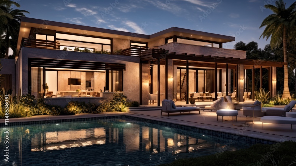 Modern Luxury Home Evening Poolside Illumination Modern Luxury Home Evening Poolside Illumination