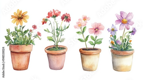 Wallpaper Mural Colorful watercolor flowers growing in terracotta pots bring a touch of nature to any design Torontodigital.ca
