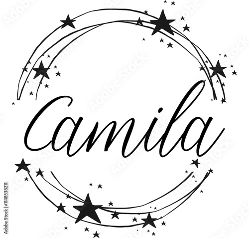 Camila - name written between circles and stars, round logo, vector graphic design for parties and Christmas time, banners, postcards, sweatshirt, prints, cricut, silhouette, sublimation
