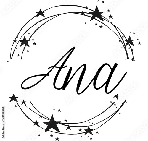 Ana - name written between circles and stars, round logo, vector graphic design for parties and Christmas time, banners, postcards, sweatshirt, prints, cricut, silhouette, sublimation
