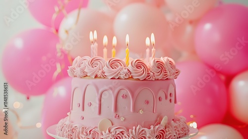 Dessert with elegant candles on a sweet pink cake adorned with adorable frosting details and a vibrant balloon backdrop