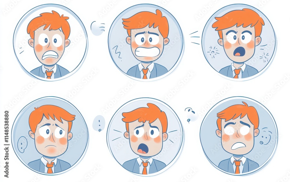 A set of different facial expressions for an avatar, featuring a business person in a flat design style. The avatar is displayed on a white background with 2D illustrations and simple color blocks. A set of different facial expressions for an avatar, featuring a business person in a flat design style. The avatar is displayed on a white background with 2D illustrations and simple color blocks.