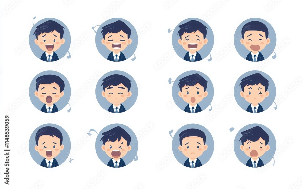 A set of business person avatars, each expressing a different emotion. These flat vector illustrations feature simple shapes and colors, with a round grey frame outlined in blue. A set of business person avatars, each expressing a different emotion. These flat vector illustrations feature simple shapes and colors, with a round grey frame outlined in blue.