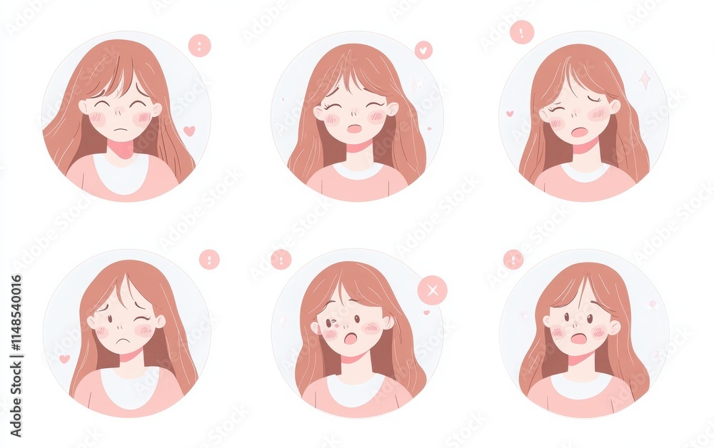 A set of vector illustration icons featuring a female character with brown hair and light pink eyes. The character shows different facial expressions such as smiling, happy, sad, and crying. A set of vector illustration icons featuring a female character with brown hair and light pink eyes. The character shows different facial expressions such as smiling, happy, sad, and crying.