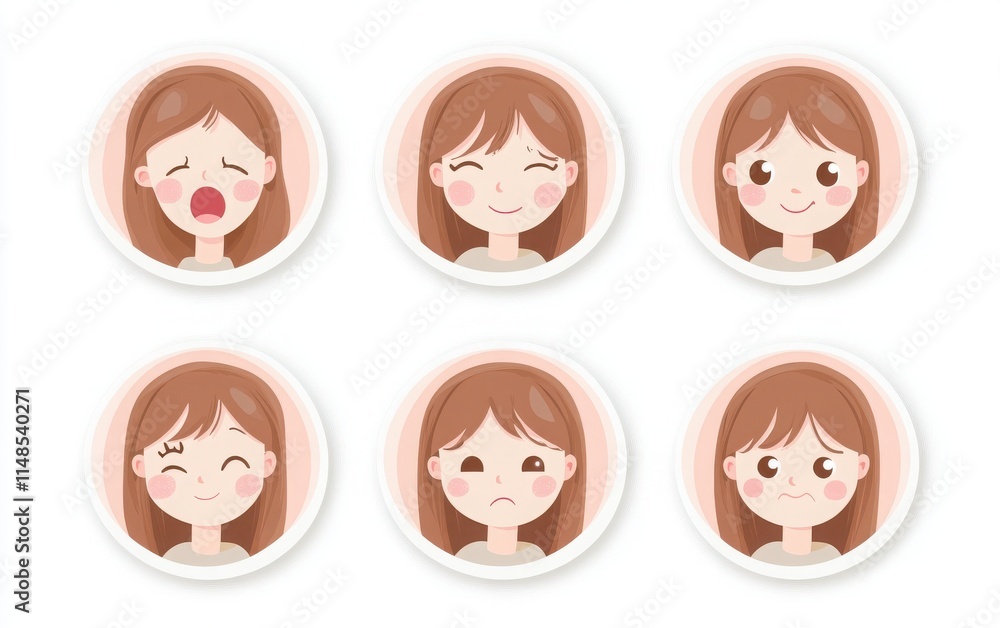 A set of vector illustration icons featuring a female character with brown hair and light pink eyes. The character shows different facial expressions such as smiling, happy, sad, and crying. A set of vector illustration icons featuring a female character with brown hair and light pink eyes. The character shows different facial expressions such as smiling, happy, sad, and crying.