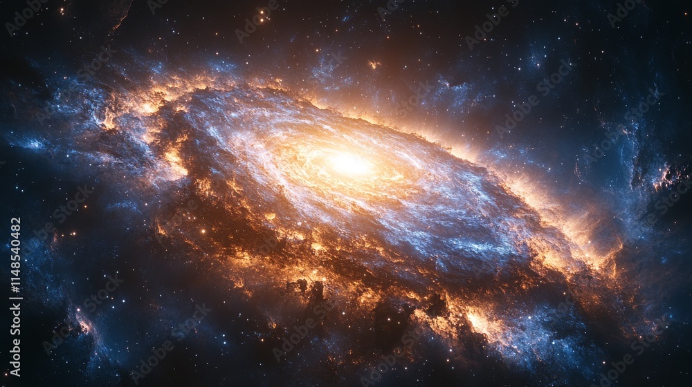 Fototapeta premium Spiral Galaxy with Bright Core and Fiery Nebulae in Deep Space