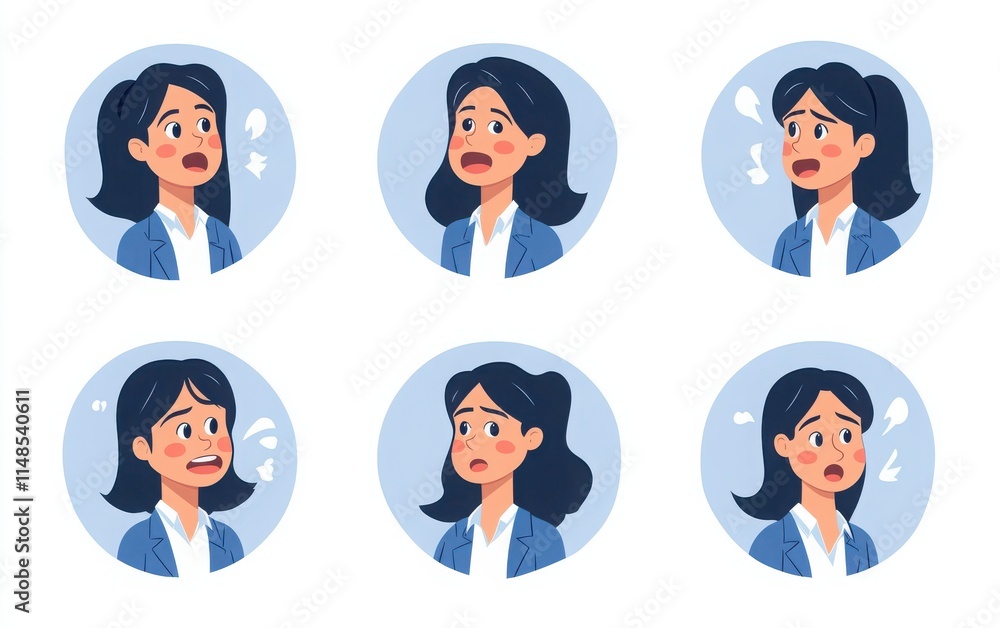 Flat design vector illustrations of a business person displaying different facial expressions. The character is framed with a round grey outline and blue edges, set against a white background. Flat design vector illustrations of a business person displaying different facial expressions. The character is framed with a round grey outline and blue edges, set against a white background.