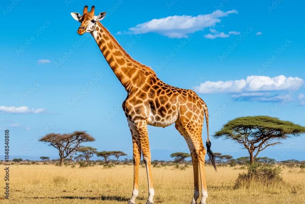 Obraz premium A majestic giraffe standing tall in the African savanna, with a backdrop of acacia trees and a golden sunset