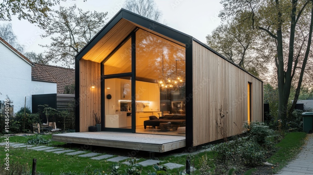 Modern Wooden House with Large Windows at Dusk Modern Wooden House with Large Windows at Dusk