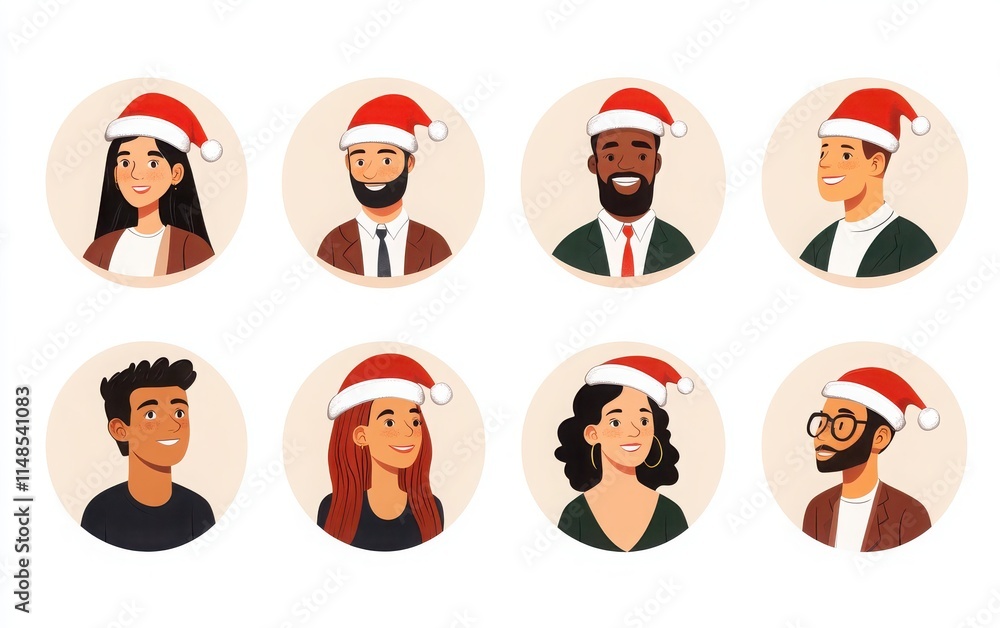 Vector illustration of round profile icons with a variety of office workers and team members wearing Santa hats. Vector illustration of round profile icons with a variety of office workers and team members wearing Santa hats.