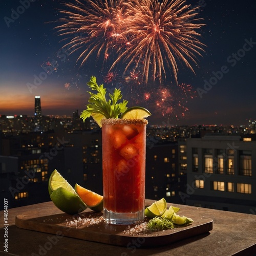 A Bloody Mary with golden rim salt and citrus garnishes, on a rooftop terrace with fireworks lighting up the night sky.