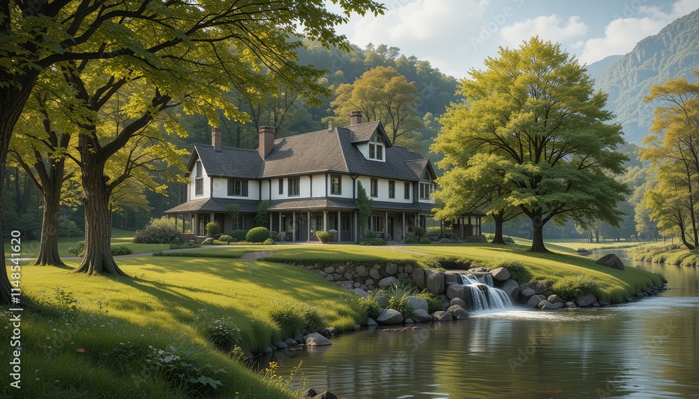 Fototapeta premium Photo of a villa in the middle of a tropical forest, green atmosphere and a natural looking river, suitable as a place to relax from the saturation of the city.