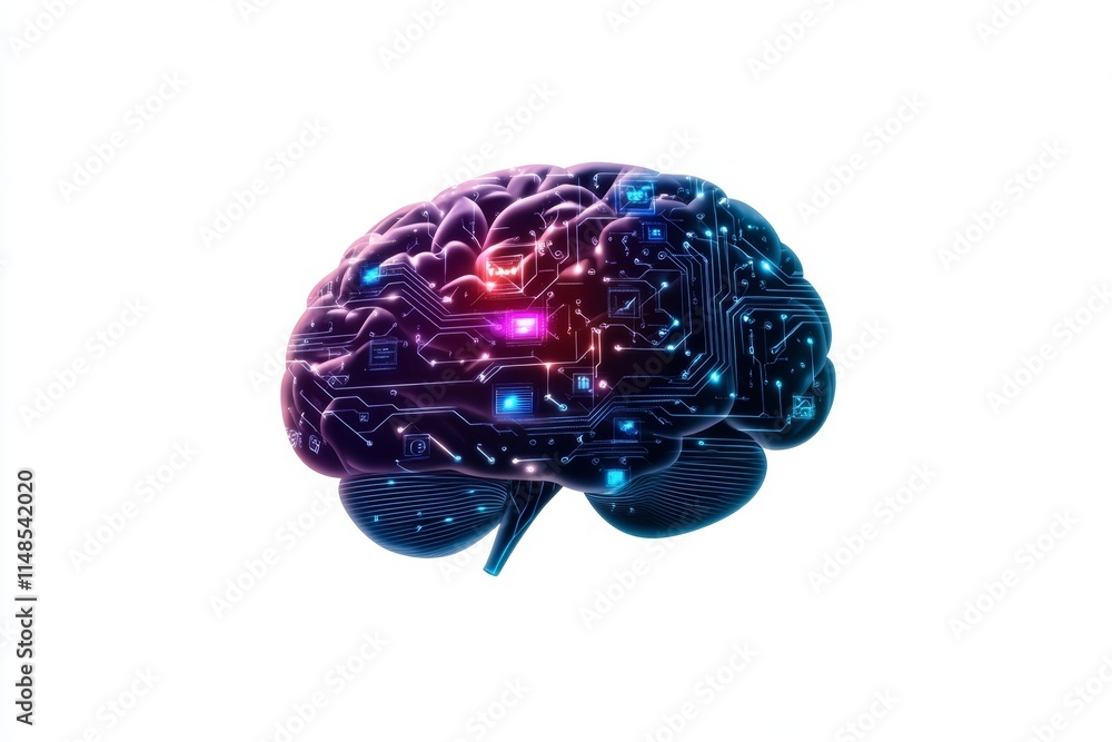 A modern geometric logo design of a brain filled with tiny circuit lines and gaming icons, rendered in gradient blue tones on white A modern geometric logo design of a brain filled with tiny circuit lines and gaming icons, rendered in gradient blue tones on white