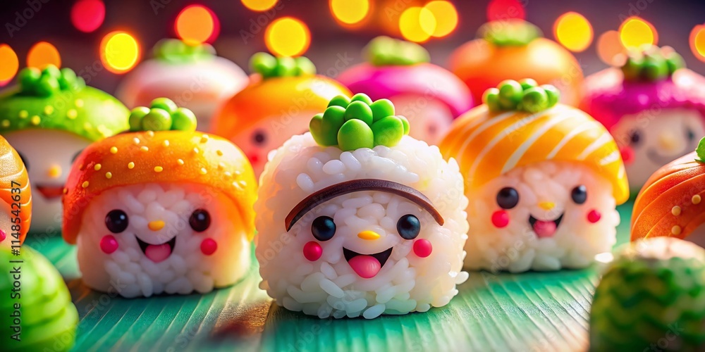 Adorable 3D Sushi Aerial Photography: Cute Kawaii Food, Fun Sushi Faces, Overhead View Adorable 3D Sushi Aerial Photography: Cute Kawaii Food, Fun Sushi Faces, Overhead View