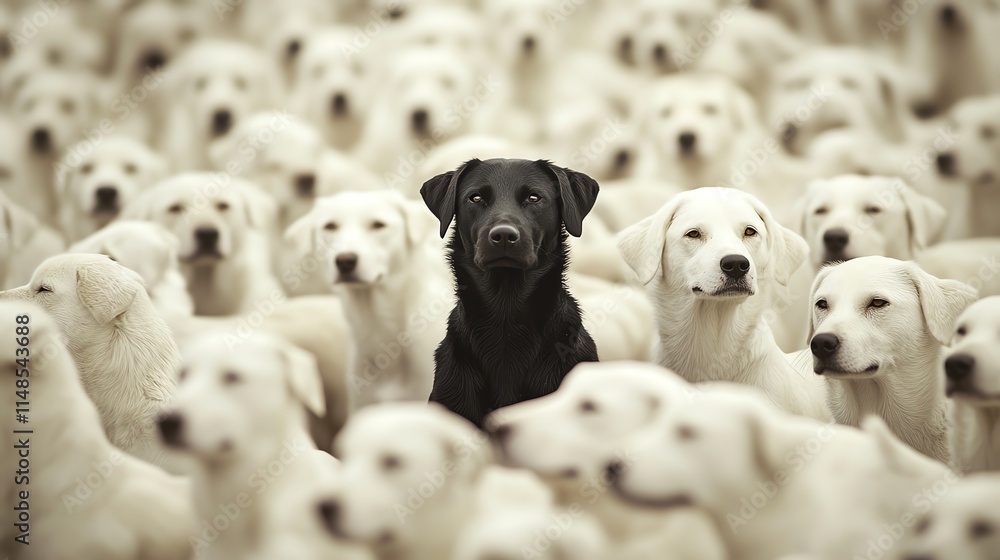 A striking image of a black dog standing out among a sea of white dogs, showcasing unique contrast and beauty. A striking image of a black dog standing out among a sea of white dogs, showcasing unique contrast and beauty.