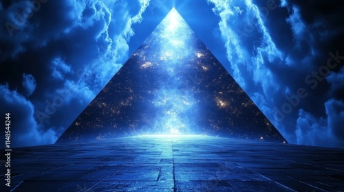 Mystical glowing blue pyramid with cosmic stars and clouds, futuristic fantasy background for technology, space exploration, sci-fi, meditation, or spiritual themes with dark atmospheric mood