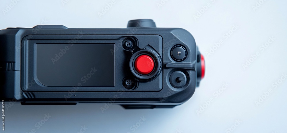 Fototapeta premium A close-up of a modern camera's top view, showcasing buttons and display.