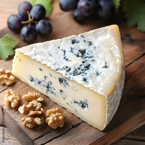 Blue roquefort cheese served with grapes and walnuts on a wooden cutting board in a rustic kitchen setting