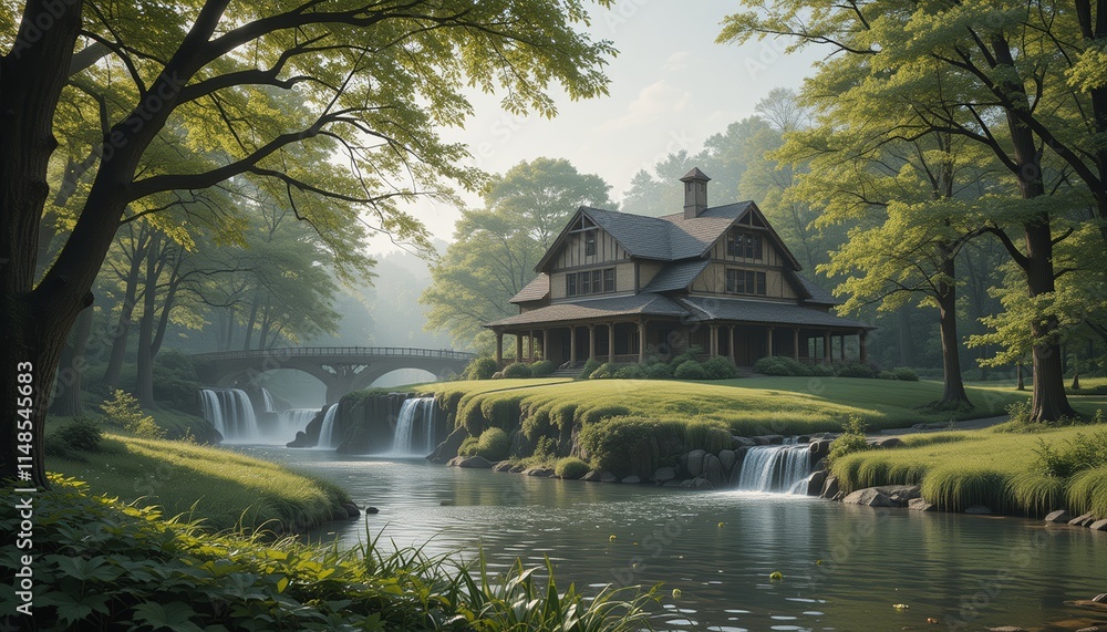 Obraz premium Photo of a villa in the middle of a tropical forest, green atmosphere and a natural looking river, suitable as a place to relax from the saturation of the city.