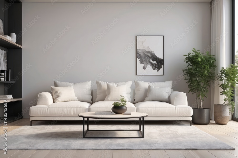 Fototapeta premium Minimal Living Room Design WIth 2 Seater Off White Sofa And Bay