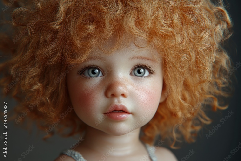 Portrait of a cherubic doll with curly orange hair studio setting fine art photography close-up whimsical aesthetic Portrait of a cherubic doll with curly orange hair studio setting fine art photography close-up whimsical aesthetic
