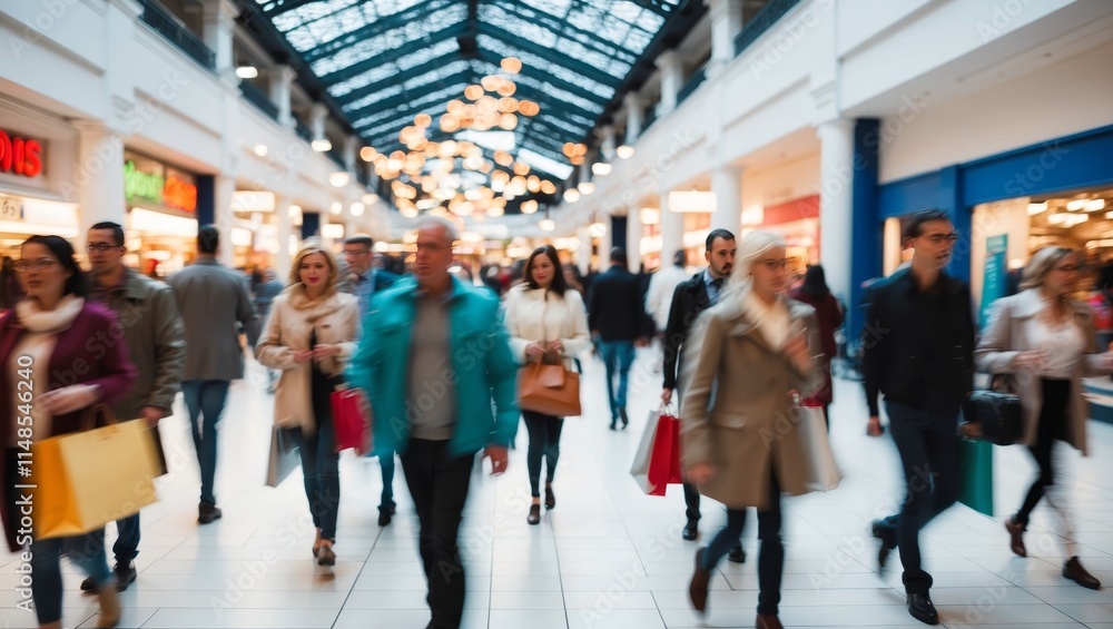 Bustling mall scene with blurred motion and lights Bustling mall scene with blurred motion and lights