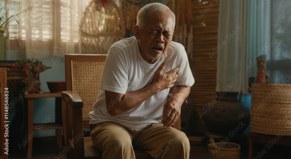 Fototapeta premium Elderly asian male experiencing chest pain in cozy home environment for health awareness concepts