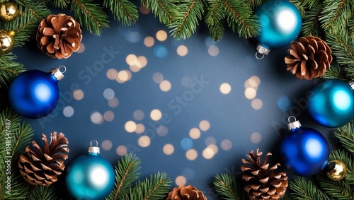 Christmas background with blue baubles and pine cones photo