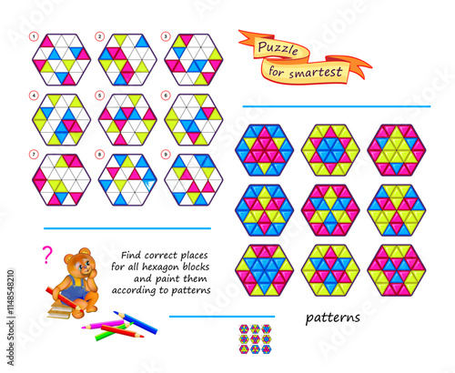 Logic puzzle game for smartest. Find correct places for all hexagon blocks. Paint them according to patterns. Coloring book. Page for kids brain teaser book. Developing spatial thinking. Vector image