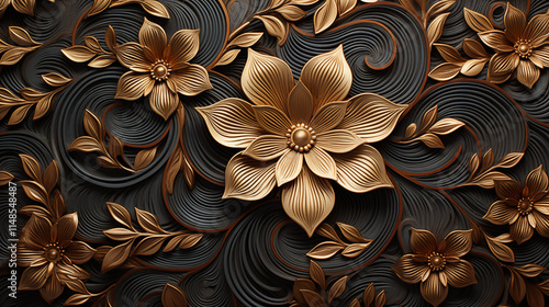 Fototapeta Naklejka Na Ścianę i Meble -  Gold and black floral design with a gold flower in the center