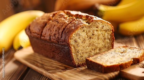 Freshly baked banana bread closeup on the table inviting a slice