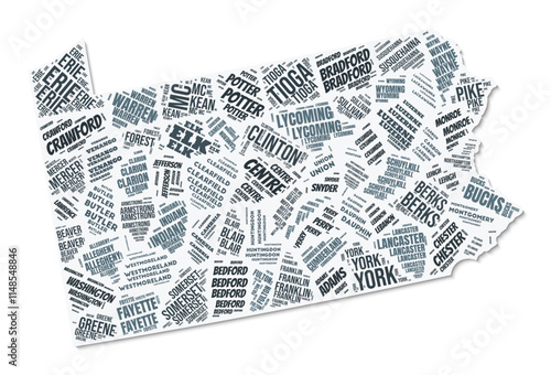 Pennsylvania shape text cloud. State border with shadow on white background. Pennsylvania with counties division in vintage gazette style. Amazing vector illustration.