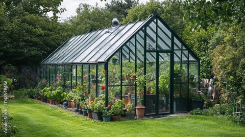Large Victorian-style greenhouse filled with various potted plants, surrounded by lush green lawn and trees.