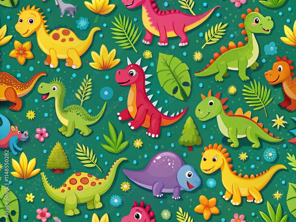 Adorable Dinosaur Pattern: Cute Dino Repeating Background on Green Adorable Dinosaur Pattern: Cute Dino Repeating Background on Green