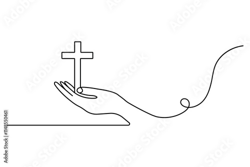 Hands in prayer in front of cross one line drawing of christian three outline vector icon