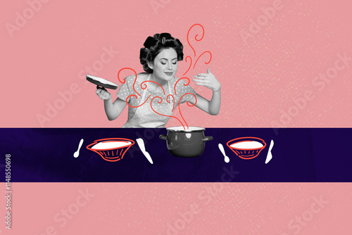 Trend artwork collage template composite sketch of culinary organic delicious meal nutrition recipe housewife kitchen cook pot smell aroma photo