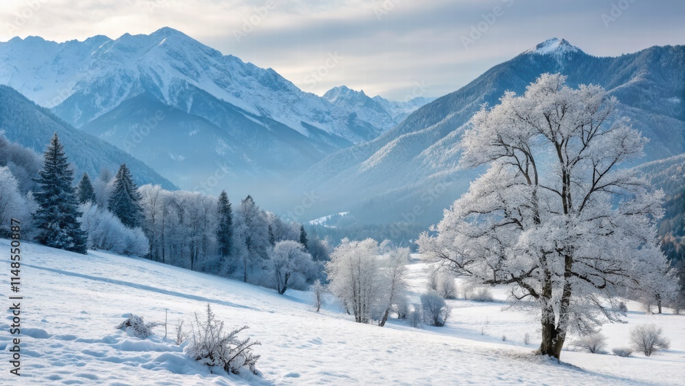 Fototapeta premium Winter landscape with snow covered mountains.