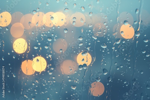 雨の日の結露で水滴がついたガラス窓と一眼レフで撮影したようにぼやけた背景の画像