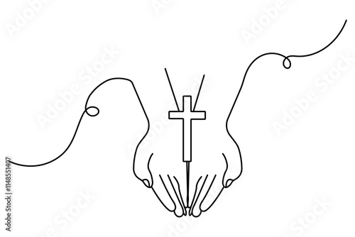 Hands in prayer in front of cross one line drawing of christian three outline vector icon