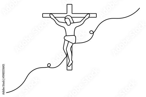 Hands in prayer in front of cross one line drawing of christian three outline vector icon